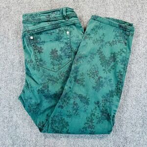 J.Jill Women's 14P Teal Green Floral Print Authentic Fit Slim Ankle Denim Jeans
